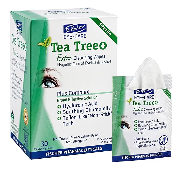 Dr. Fischer Tea Tree Oil Eye Wipes - Eyelid Wipes for Sensitive Eyes with Hyaluronic Acid and Chamomile, Makeup Remover, Daily Cleanser (30 wipes)-GlimoraGlow