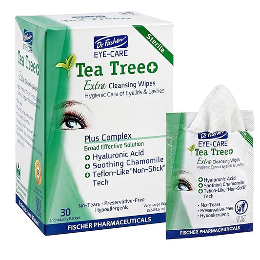 Dr. Fischer Tea Tree Oil Eye Wipes - Eyelid Wipes for Sensitive Eyes with Hyaluronic Acid and Chamomile, Makeup Remover, Daily Cleanser (30 wipes)-GlimoraGlow