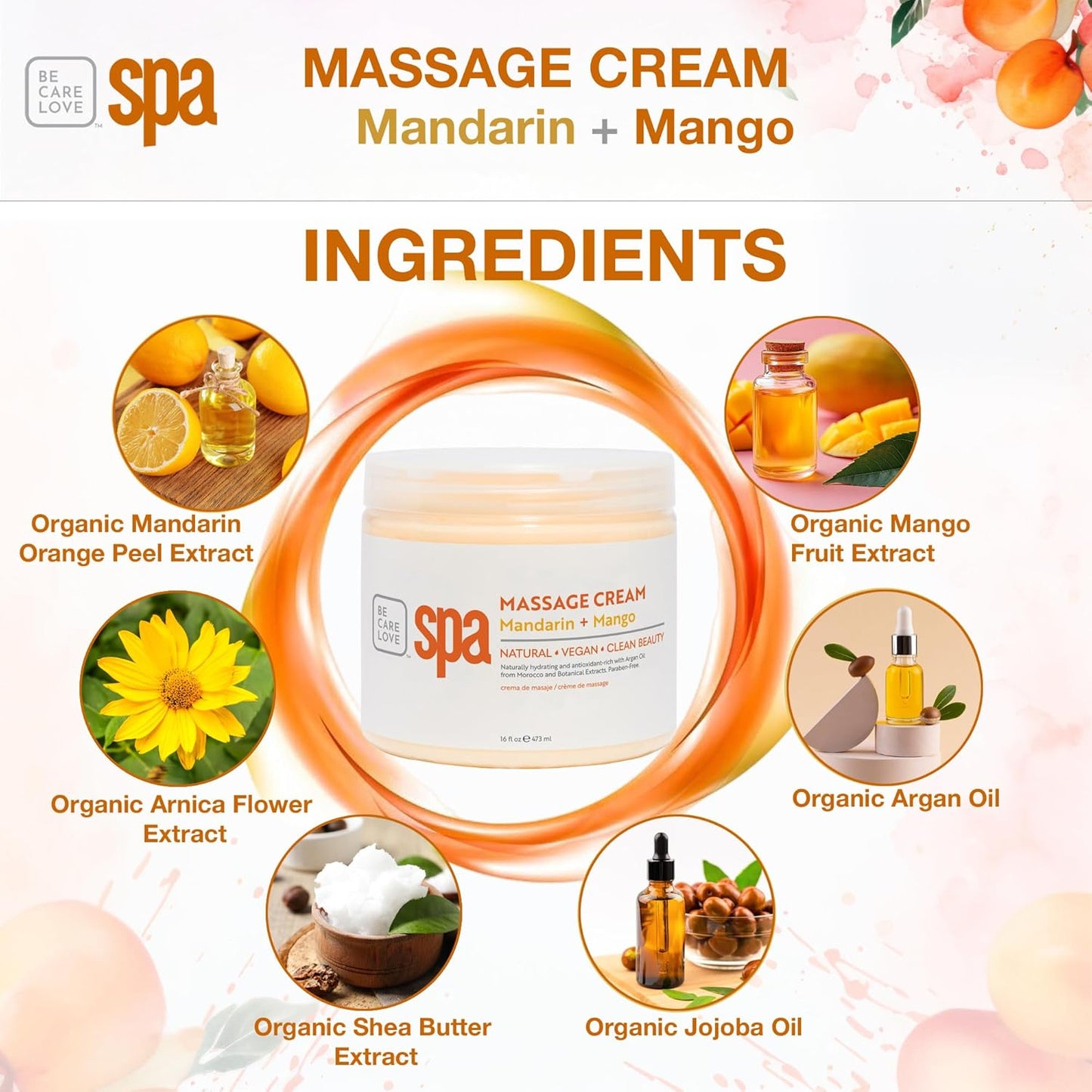 BCL SPA Massage Cream organic Mandarin + Mango body lotion with shea butter, aloe vera, peppermint, argan and jojoba oils, body cream to invigorate, hydrate and soften the skin. Home/Pro use 16 fl oz-GlimoraGlow