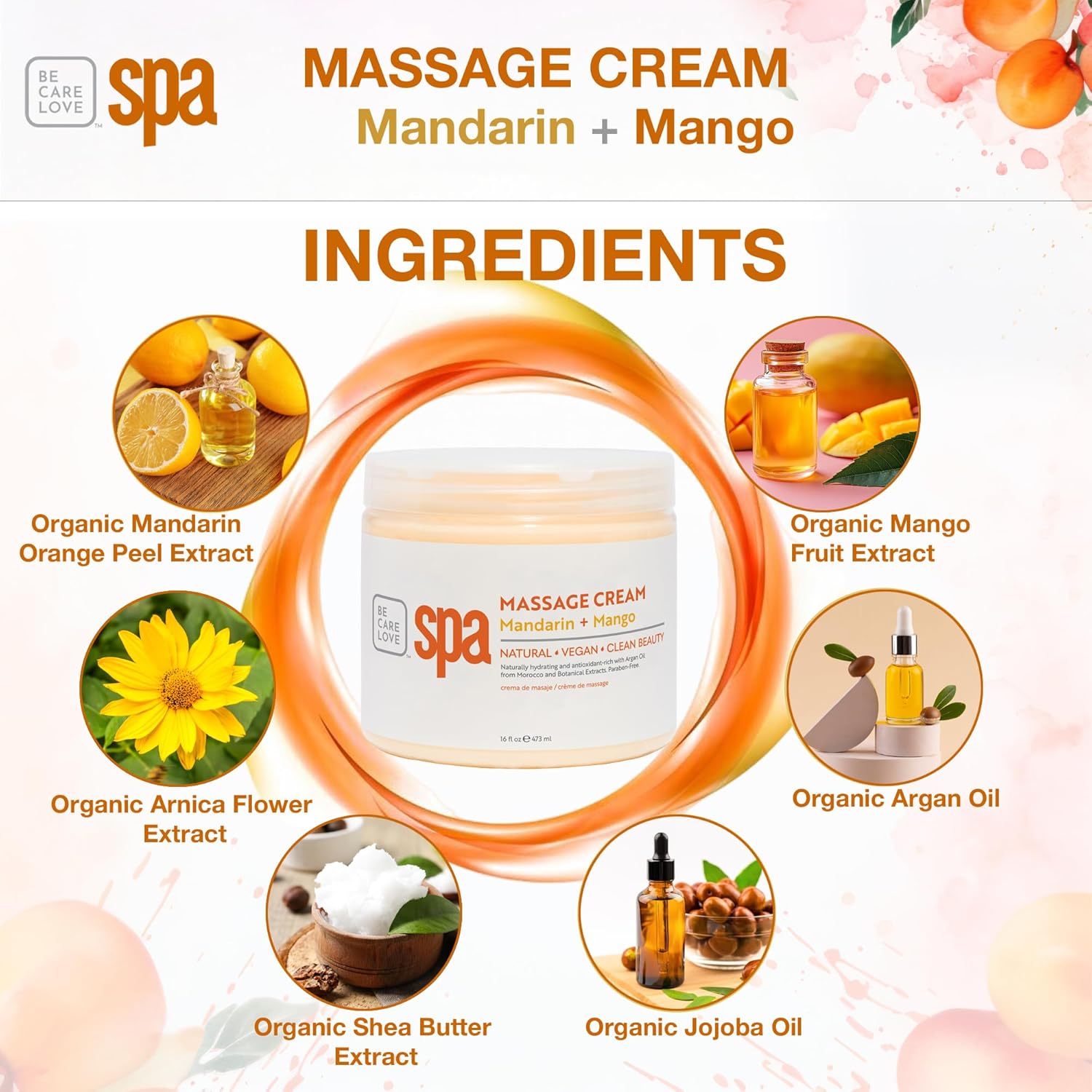 BCL SPA Massage Cream organic Mandarin + Mango body lotion with shea butter, aloe vera, peppermint, argan and jojoba oils, body cream to invigorate, hydrate and soften the skin. Home/Pro use 16 fl oz-GlimoraGlow