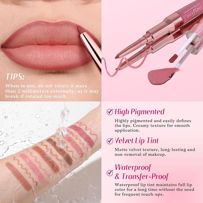 2-IN-1 Lip Liner and Lip Stain, High Pigmented Long Lasting Velvet Lip Tint, Well-Defined Lipliner, Weightless Waterproof Not Animal Tested, Matte Finish Makeup-GlimoraGlow
