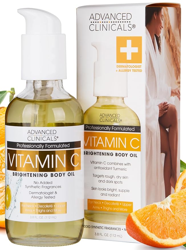 Advanced Clinicals Vitamin C illuminating Body Oil For Women & Men |Vitamin C Oil Skin Care Body Moisturizer With Vitamin E + Botanicals To Help Improve Appearance Of Dark Spots + Dry Skin, 3.8 Fl Oz-GlimoraGlow