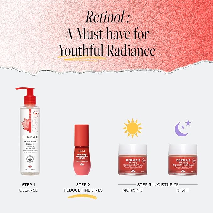 DERMA E Face Serum, Anti Aging Regenerative Retinol Serum for Face, 1 Fl Oz, Vitamin A, Bakuchiol, Glycolic Acid, Green Tea Extract, Helps Reduce Appearance of Fine Lines and Wrinkles-GlimoraGlow