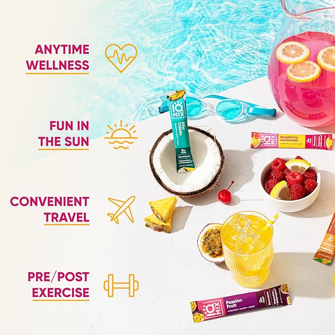 IQMIX Hydration Electrolyte Powder – 4-in-1 Formula for Hydration, Mental Clarity, Mood and Recovery – Sugar-Free Drink Mix, Keto, Magnesium L-Threonate, Lion’s Mane – 20 Count Vacation Variety Pack-GlimoraGlow