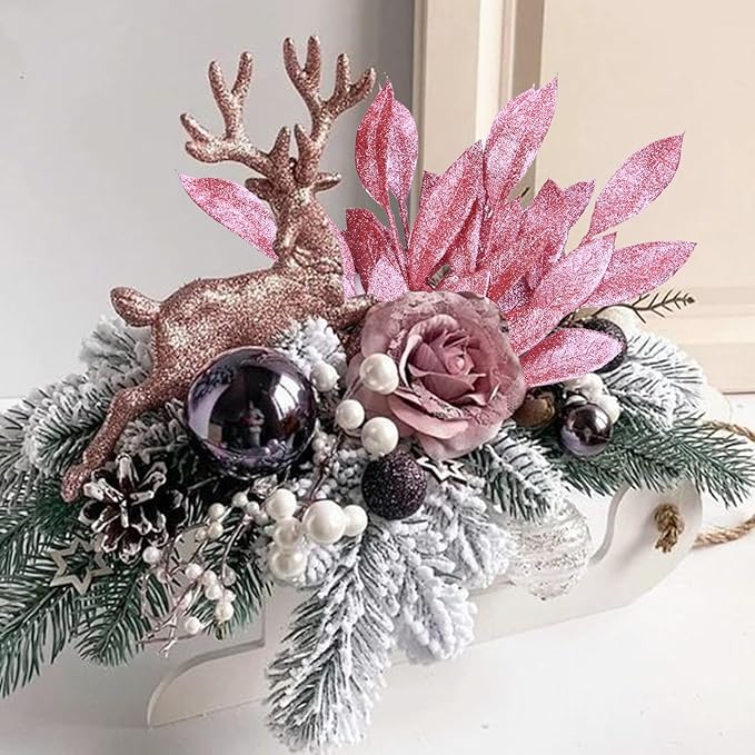 GREENTIME 12 Pack Artificial Pink Glitter Leaves 13" Fake Christmas Picks Decorative Glitter Sticks for Vase Christmas Tree DIY Wreath Crafts Fireplace Decor