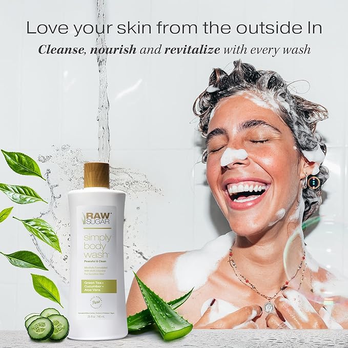 RAW SUGAR Sensitive Skin Simply Body Wash - Green Tea + Cucumber + Aloe Vera, Moisturizing & Brightening Bath & Shower Gel, Sulfate-Free, Paraben-Free & Vegan (Pack of 3)-GlimoraGlow