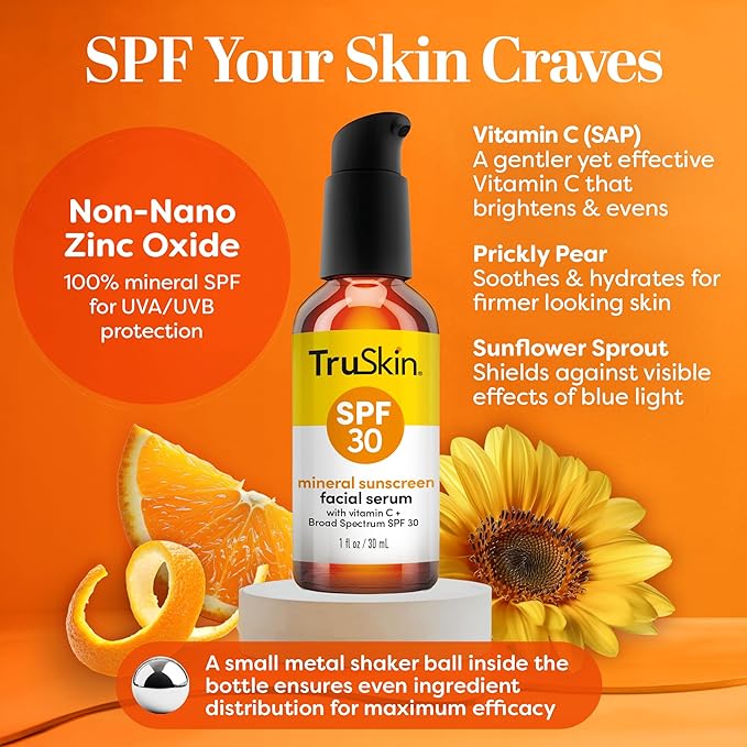 TruSkin Sunscreen Serum for Face – SPF 30 Universal Tinted Mineral Sunscreen Face Serum – Lightweight Transparent Finish – Zinc Oxide, Vitamin C, Hyaluronic Acid, Ceramides, All Skin Types, 1 fl oz-GlimoraGlow