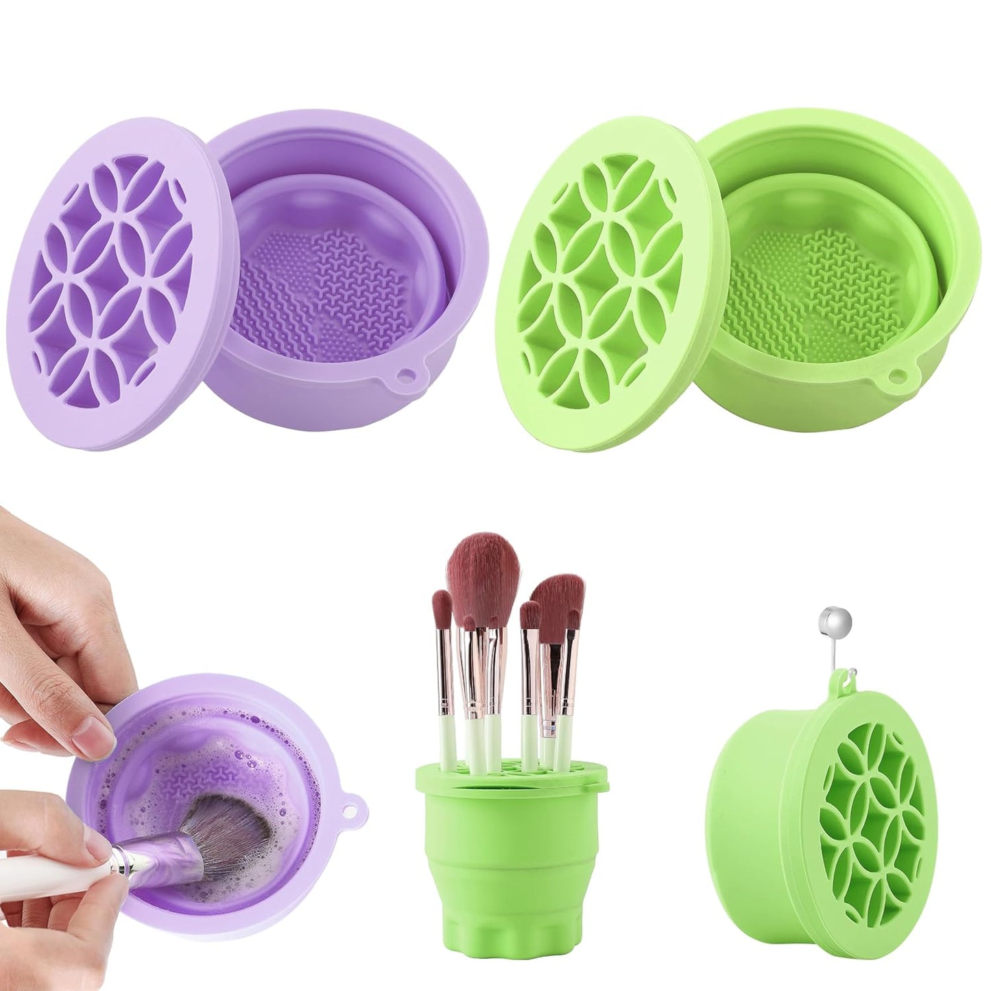 Makeup Brush Cleaner - Foldable Silicone Makeup Brush Cleaner Mat with Brush Storage Holder Makeup Brush Cleaning Bowl Cosmetic Brush Washing Tool for Cleaning Organizer and Drying (Purple and Green)-GlimoraGlow