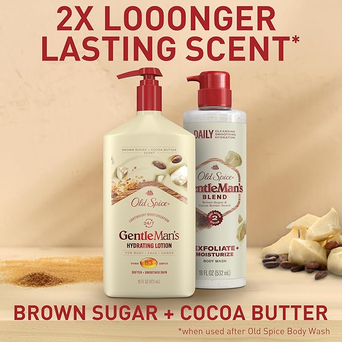 Old Spice Hand, Face & Body Lotion for Men, 24/7 Lightweight Moisturization with Vitamin B3, Instant Absorption, For All Skin Types, Brown Sugar + Cocoa Butter Scent, 16 oz-GlimoraGlow