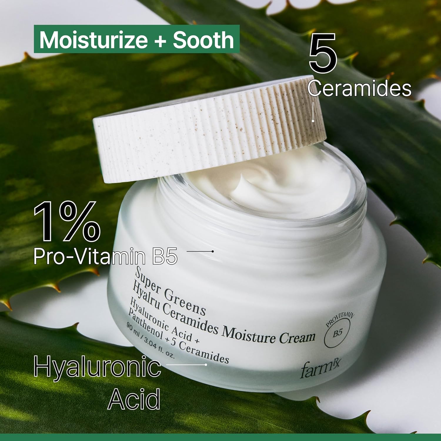 Farm Rx Super Greens Hyalru Ceramides Moisture Cream (3fl oz) - Rich Moisturizer, Strengthen Moisture Barrier, Deep Hydration. Korean Skin Care. Hyaluronic Acid, Panthenol, Vegan.-GlimoraGlow
