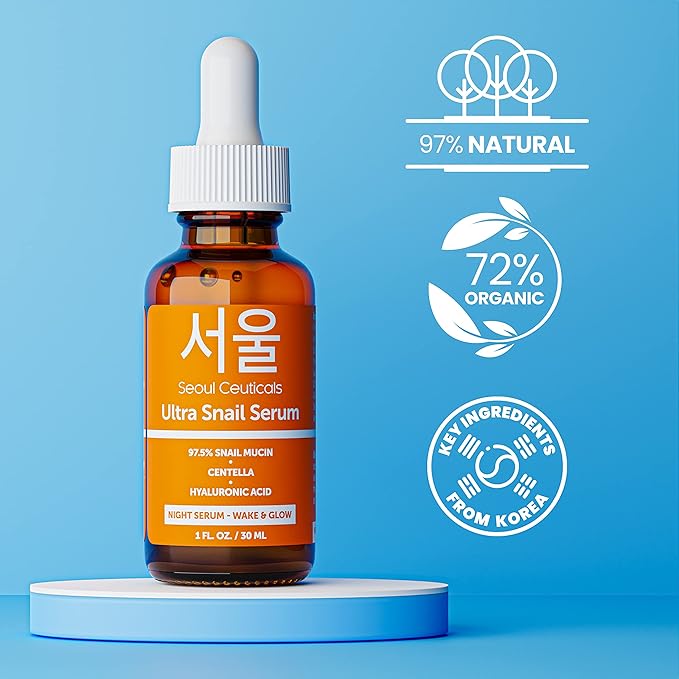 SeoulCeuticals Korean Skin Care 97.5% Snail Mucin Serum – K Beauty Skincare Night Serum Hyaluronic Acid for Face - Centella Anti Wrinkle Serum 1oz-GlimoraGlow