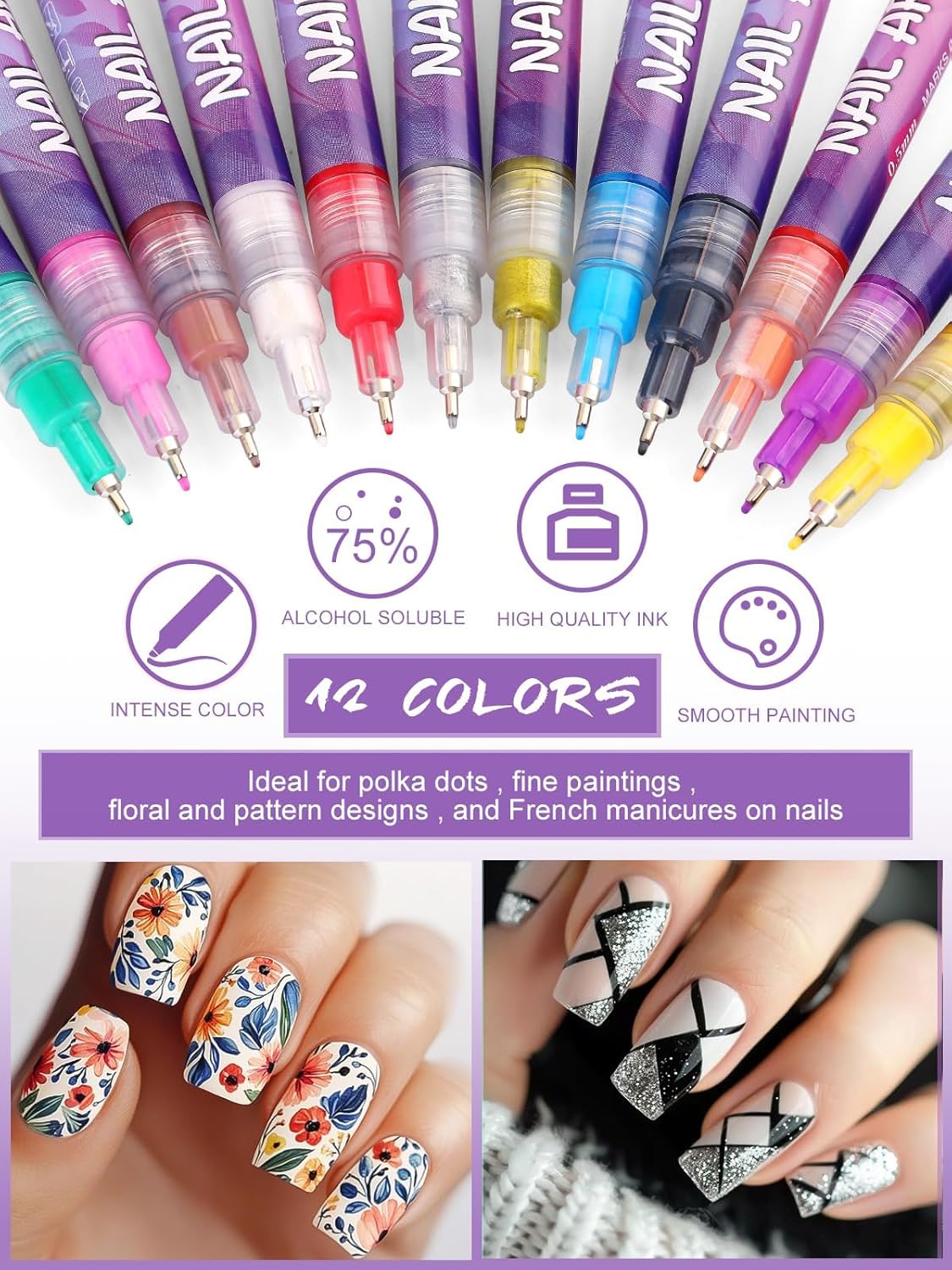12 Colors Nail Art Pens Kit EBANKU 0.5MM Ultra-Fine Tip 3D Nail Polish Pens Quick-Dry Acrylic Paint Pens Nail Markers Dotting Tools for Home & Salon Manicure-GlimoraGlow