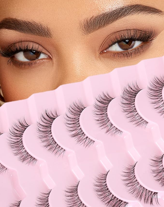 Natural Cat Eye Lashes Natural Eyelashes Wispy Mink Lashes Short Fake Lashes Clear Band Eye Lashes Pack 7 Pairs Small Demi Wispies Eyelashes-GlimoraGlow