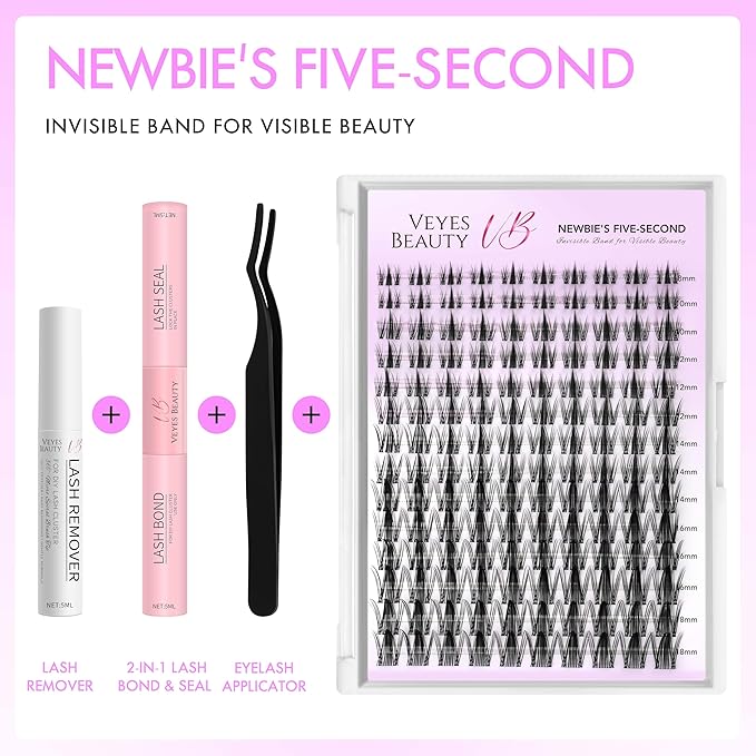 VEYESBEAUTY Lash Clusters Kit Eyelash Extensions Thin & Invisible Band DIY Individual False Eyelashes Newbie's Five-Second Series Wispy Lash Tray for Self-application, Manga Lash 8-18mm Mixed Length-GlimoraGlow
