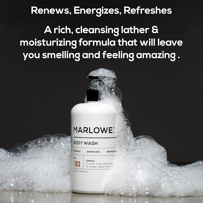 MARLOWE. No. 103 Body Wash 15 oz Pump, Santal, Energizing & Refreshing Shower Gel, Willow Bark & Green Tea Extracts, Cleanses, Moisturizes, Smooths & Nourishes, Warm Amber, Spice & Citron Scent-GlimoraGlow