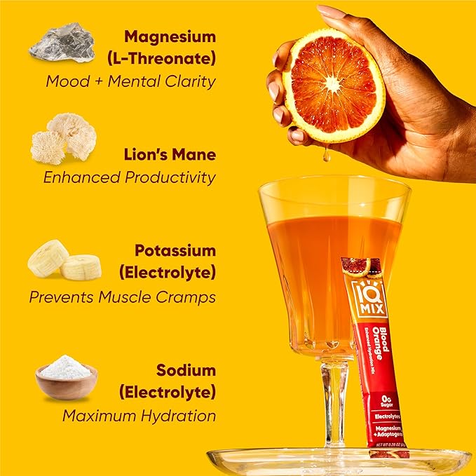 IQMIX Hydration Electrolyte Powder – 4-in-1 Formula for Hydration, Mental Clarity, Mood and Recovery – Sugar-Free Drink Mix, Keto, Magnesium L-Threonate, Lion’s Mane – 40 Count Blood Orange-GlimoraGlow