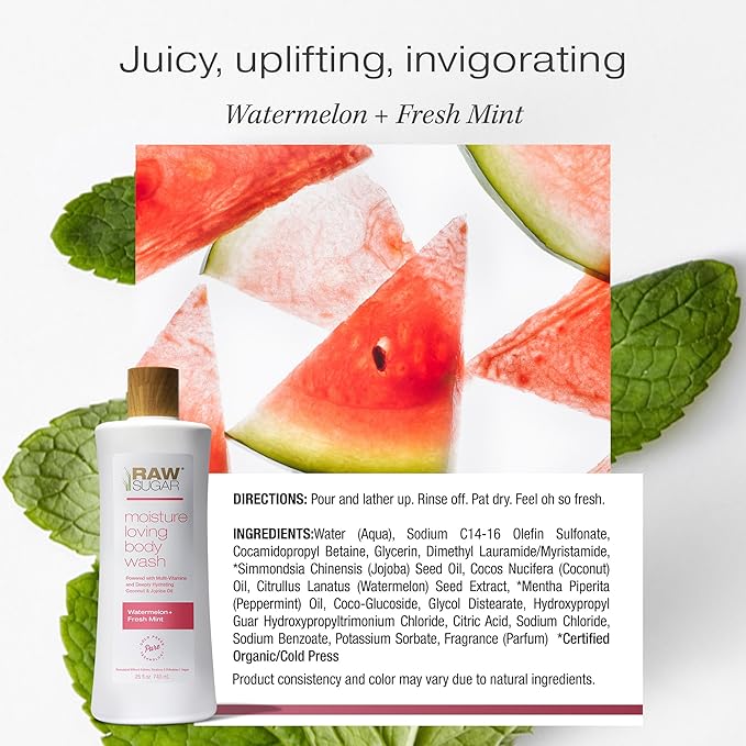 RAW SUGAR Moisture Loving Body Wash - Watermelon + Fresh Mint, Moisturizing & Refreshing Bath & Shower Gel, Sulfate-Free, Paraben-Free & Vegan (Pack of 3)-GlimoraGlow