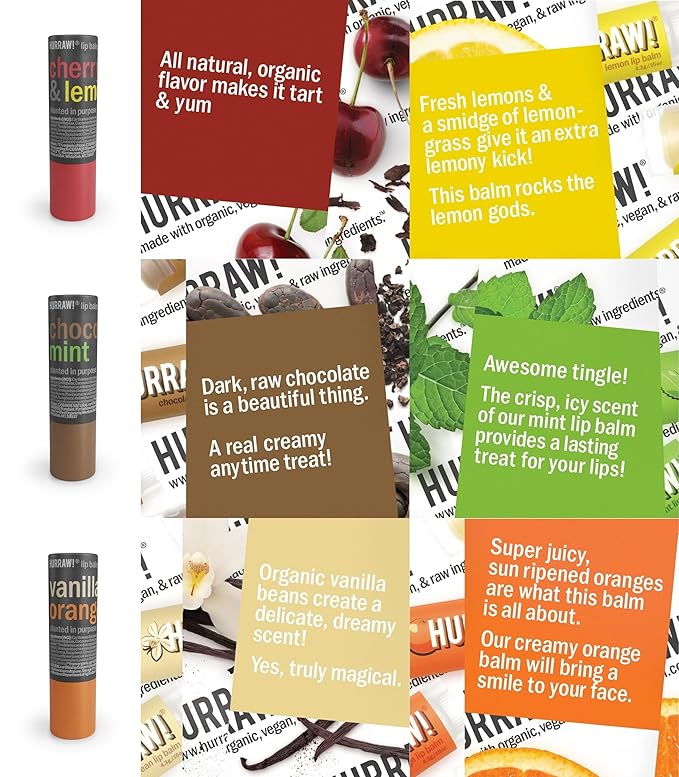 Hurraw! Cherry Lemon, Chocolate Mint & Vanilla Orange Lip Balm 3 Pack Bundle: Plastic-Free with new cardboard push-up tube. Certified Organic, Natural & Vegan. Bee, Shea, Soy & Palm Free. Made in USA-GlimoraGlow