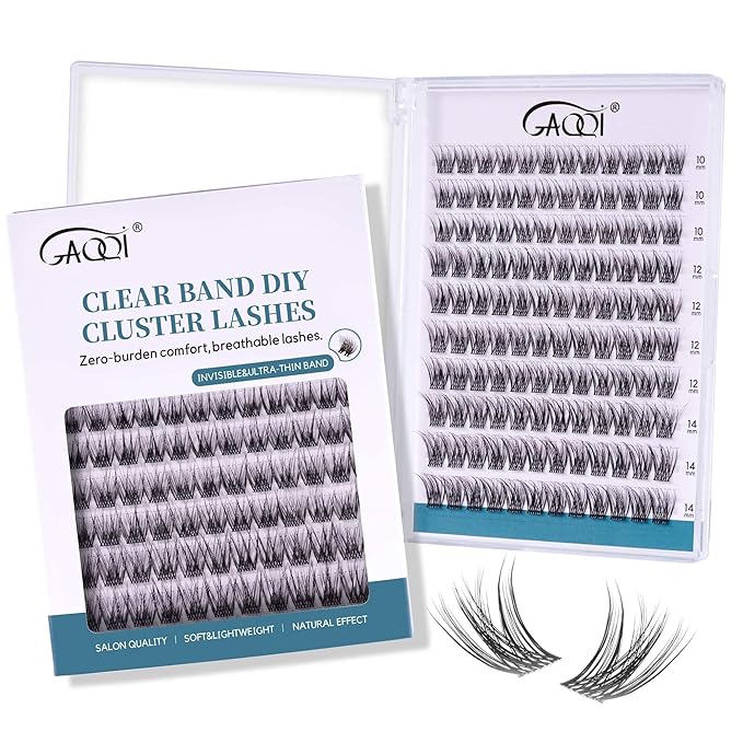 GAQQI Lash Clusters Wispy & Natural Eyelash Clusters Clear Band, 10-14mm Cluster Lashes 120PCS, Cluster Eyelash Extensions C Curl, Cluster Lashes Ultra-thin & Soft Invisivle Band (FEATHER)-GlimoraGlow