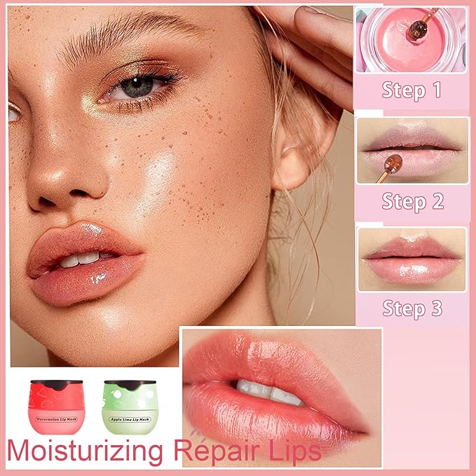 2 PCS Bee Lip Balm Honey Pot, Watermelon Apple Bee Lip Balm Sleeping Lip Mask Overnight with Sticks, Honey Pot Lip Balm Hydrating Exfoliating Prevention Dry and Crack Lip Scrubs-GlimoraGlow