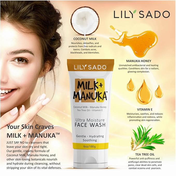 LILY SADO MILK+MANUKA™ Coconut Milk & Manuka Honey Cream Face Cleanser – Natural Ultra Moisturizing Facial Wash Cleanses, Balances, Soothes & Hydrates - Large 6oz-GlimoraGlow