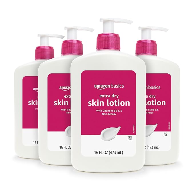Amazon Basics Body Lotion for Extra-Dry Skin with Vitamins B5 & E, Clean Scent, 16 fl oz, Pack of 4 (Previously Solimo)-GlimoraGlow