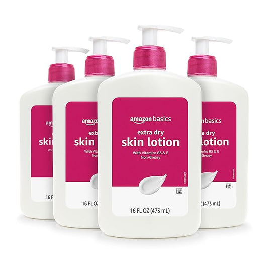 Amazon Basics Body Lotion for Extra-Dry Skin with Vitamins B5 & E, Clean Scent, 16 fl oz, Pack of 4 (Previously Solimo)-GlimoraGlow