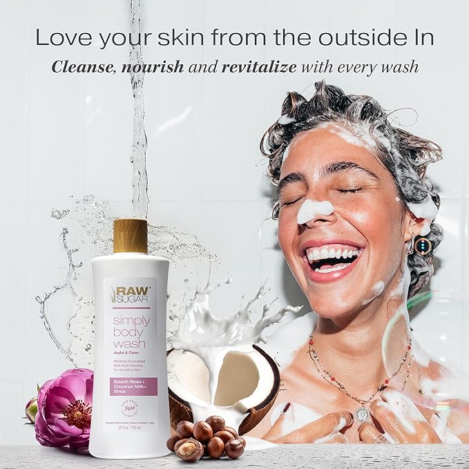 RAW SUGAR Simply Body Wash, Beach Rose + Coconut Milk + Shea (25 Fl Oz, Pack of 3) Sensitive Skin Bath Soap, Formulated without Sulfates & Parabens…-GlimoraGlow