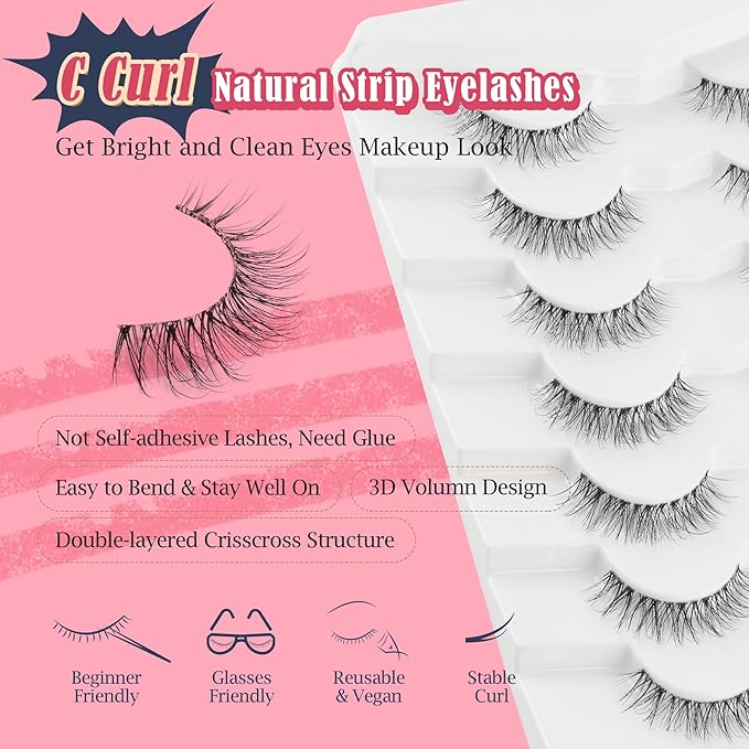 Natural Lashes False Eyelashes 12 MM Short Lashes WIspy 3D Volume Fake Eyelashes Pack C Curl Soft Eye Lash with Thin Cotton Band 7 Pair False Lashes Siligli-GlimoraGlow