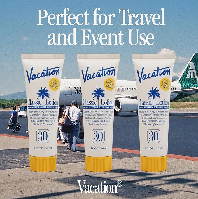 Vacation Mini Classic Sunscreen SPF 30, Water-Resistant, Bulk Suntan Lotion, Bachelorette Party Favors, Beach Must Haves, Traveling Essentials, Travel Size, 1 Fl. Oz. (Value Pack of 12)-GlimoraGlow