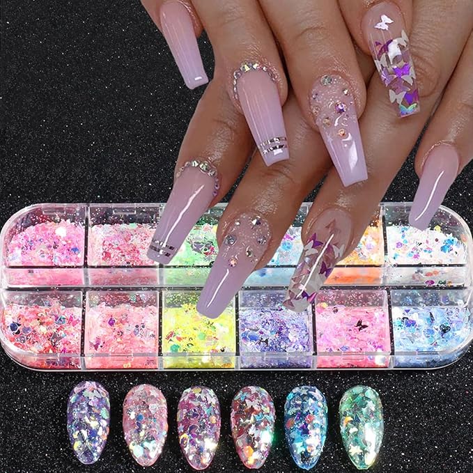 12 Grids Flaky Nail Art Glitter Sequins 3D Heart-Shaped Butterfly Ultra Thin Nail Art Sparkly Flake Designs Moon Stars Decorations Nail Glitter Sequins Suitable for Female Girl Nail Art Techniques-GlimoraGlow