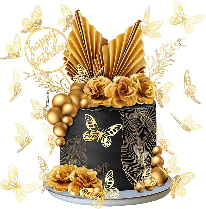 Shimeyao 52 Pcs Wedding Birthday Gold Cake Decoration Boho Cake Topper Pink Purple Flower Butterfly Palm Leaves Balls Toppers for Women Baby Shower Party Decoration(Gold)