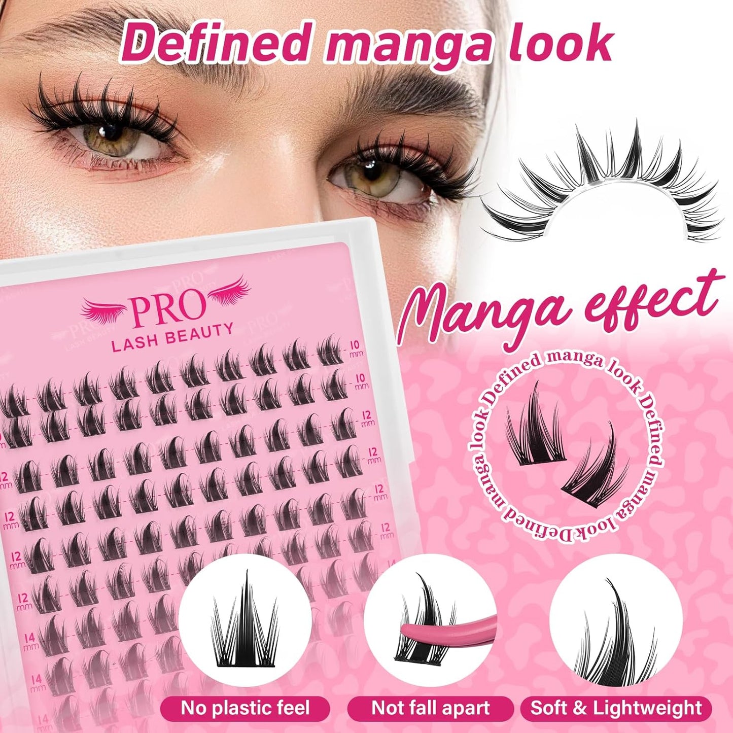 PROLASHBEAUTY Manga Lash Clusters Kit Anime Lash Clusters Volume Fairy Ultra-Thin Band Spike Lashes with Lash Bond and Seal Applictor Remover (Anime,10-16mix)-GlimoraGlow