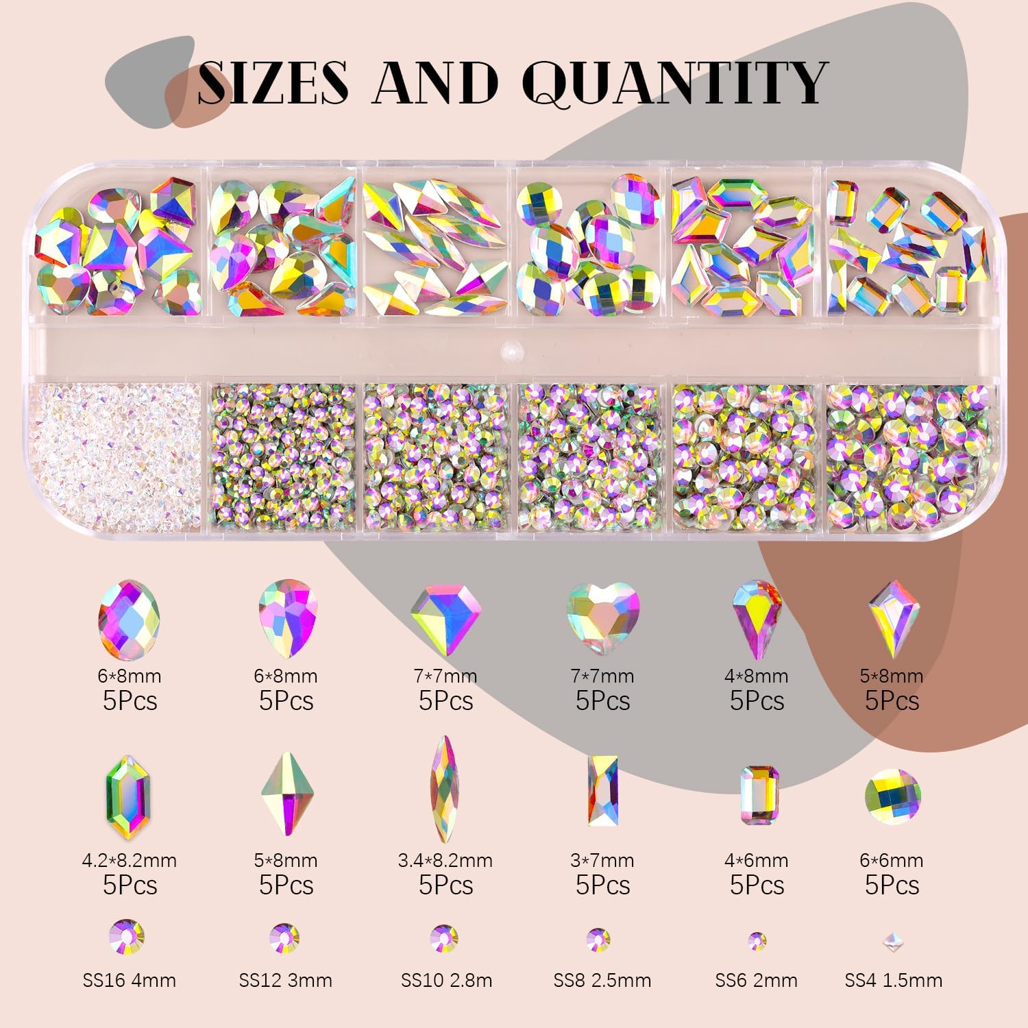 2060Pcs AB Glass Nail Rhinestones 60Pcs Multi Shapes Flatback Nail Gems + 2000Pcs 1.5-4mm Round Crystal with Rhinestones Glue Gel, Manicure Nail Charms Diamond Gemstones for Nail Art-GlimoraGlow
