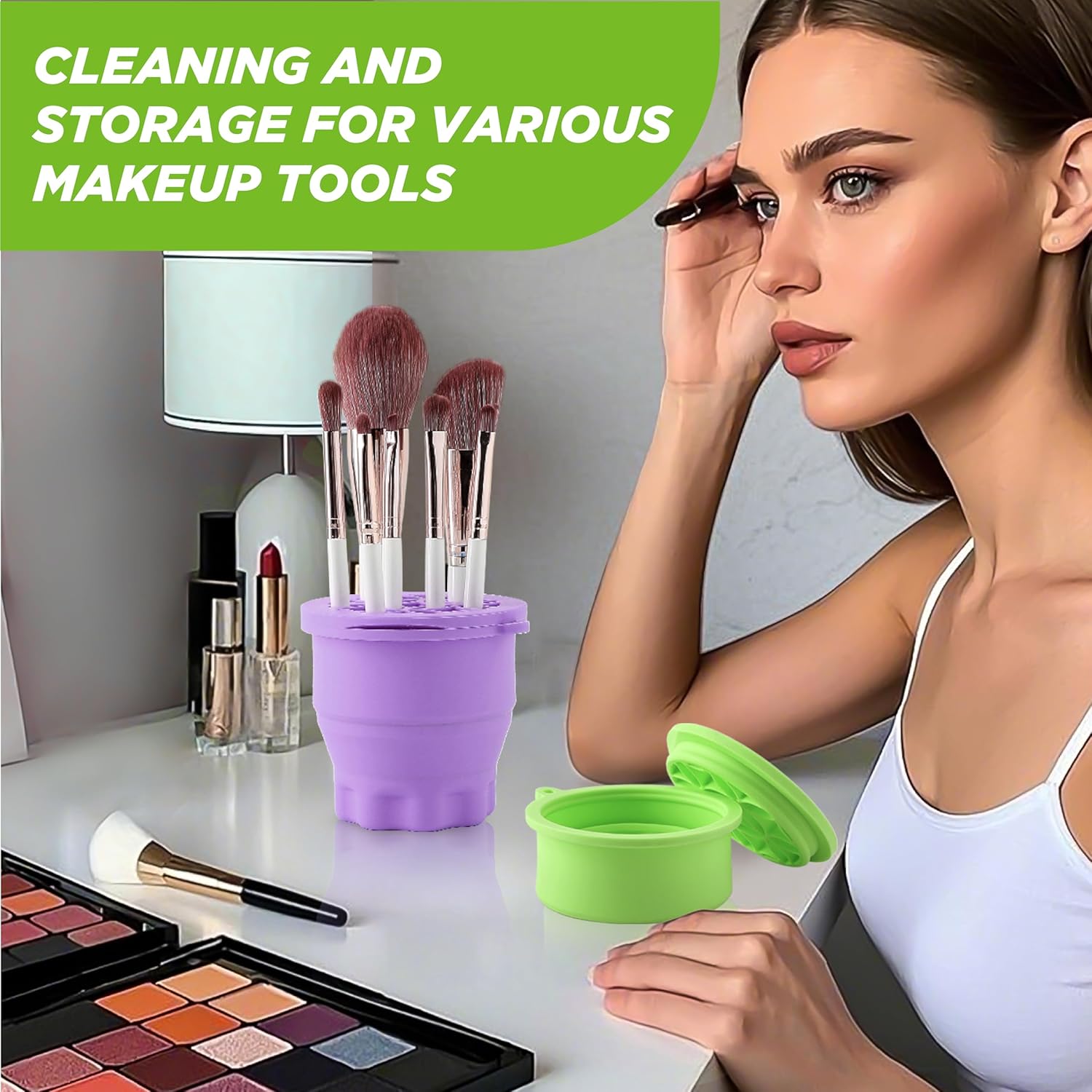 Makeup Brush Cleaner - Foldable Silicone Makeup Brush Cleaner Mat with Brush Storage Holder Makeup Brush Cleaning Bowl Cosmetic Brush Washing Tool for Cleaning Organizer and Drying (Purple and Green)-GlimoraGlow