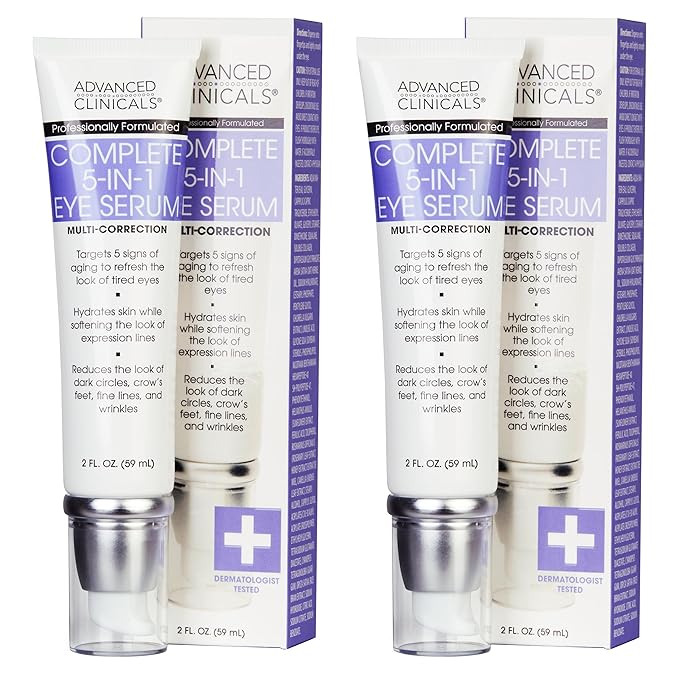 Advanced Clinicals 5-in-1 Eye Serum | Multi-Benefit Visible Anti Aging Under Eye Serum Face Moisturizer Reduces Appearance Of Dark Circles, Puffy Eyes, Crows Feet, Wrinkles, & Fine Lines, 2-Pack-GlimoraGlow