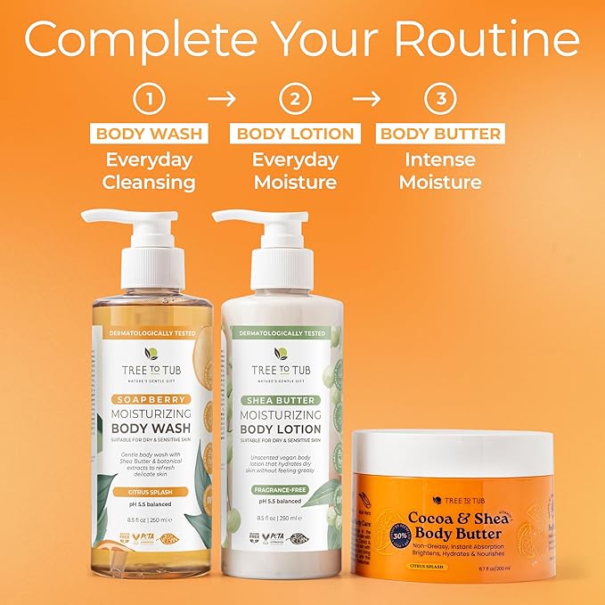 Tree to Tub Shea Body Butter for Dry, Extremely Dry, Sensitive Skin - Moisturizing Body Cream for Women & Men, Hydrating Body Lotion Moisturizer w/Vitamin C, Organic Cocoa, Citrus Scent-GlimoraGlow