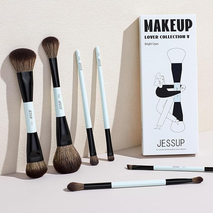 Jessup Makeup Brush Set 6pcs Double Sided Makeup Brushes Foundation Contour Blush Highlight Blending Eyebrow Brush Eyeshadow Brush, Vegan Fiber Make up Brush Bright Cyan T501-GlimoraGlow
