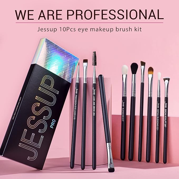 Jessup Eye Makeup Brushes 10 pcs, Premium Synthetic Eyeshadow Blending Concealer Eyebrow Eyeliner Brush Set T315-GlimoraGlow