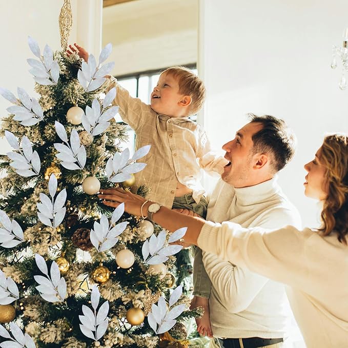 GREENTIME 12 Pack Artificial White Glitter Leaves 13" Fake Christmas Picks Decorative Glitter Sticks for Vase Christmas Tree DIY Wreath Crafts Fireplace Decor