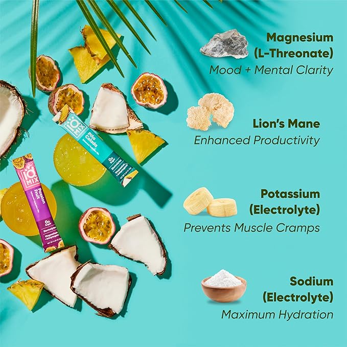 IQMIX Hydration Electrolyte Powder – 4-in-1 Formula for Hydration, Mental Clarity, Mood and Recovery – Sugar-Free Drink Mix, Keto, Magnesium L-Threonate, Lion’s Mane – 20 Count Tropical Variety Pack-GlimoraGlow