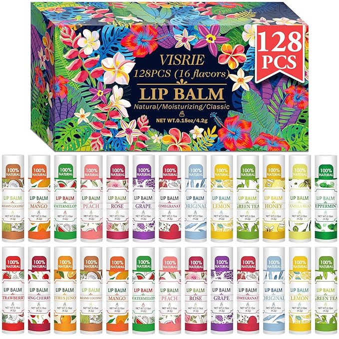 128 Pack Lip Balm, Natural Lip Balm Bulk with Vitamin E and Coconut Oil, Moisturizing Lip Balm for Dry Lips - 16 Flavors-GlimoraGlow