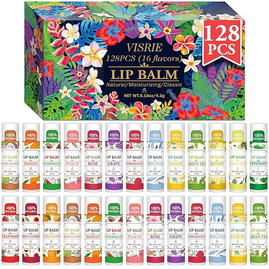 128 Pack Lip Balm, Natural Lip Balm Bulk with Vitamin E and Coconut Oil, Moisturizing Lip Balm for Dry Lips - 16 Flavors-GlimoraGlow