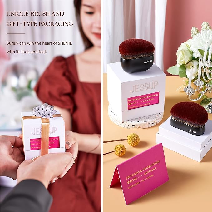 Jessup Foundation Brush Large Kabuki Makeup Brush for Face Body Blending Buffing Stippling Liquid Powder Cream Flawless with Gift Box, Black SF001-GlimoraGlow