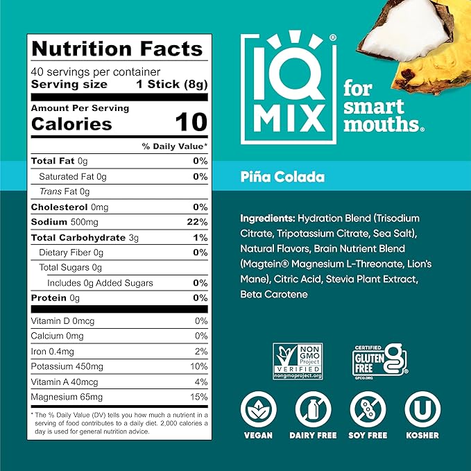 IQMIX Hydration Electrolyte Powder – 4-in-1 Formula for Hydration, Mental Clarity, Mood and Recovery – Sugar-Free Drink Mix, Keto, Magnesium L-Threonate, Lion’s Mane – 40 Count Piña Colada-GlimoraGlow