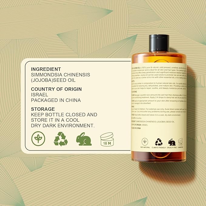 Yoken Pure Jojoba Oil Organic USDA Certified 16 fl oz, 100% Natural Jojoba Oil for Hair, Skin & Face, Cold Pressed Unrefined, Deeply Moisturizing Body Carrier Oils for Essential Oils Mixing-GlimoraGlow