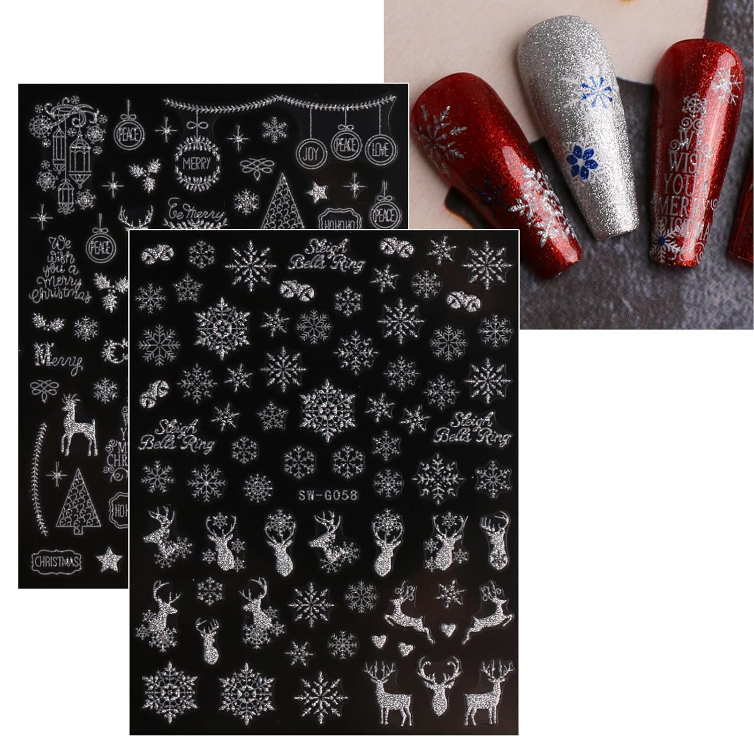 JMEOWIO 9 Sheets Christmas Glitter Nail Art Stickers Decals Self-Adhesive Snowflake Winter Holiday Silver Nail Supplies Nail Art Design Decoration Accessories-GlimoraGlow