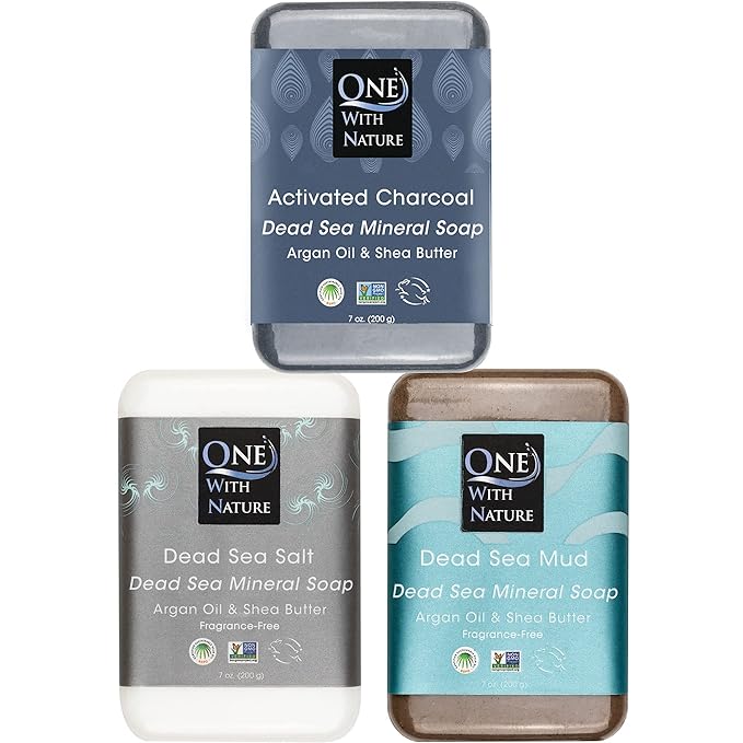 One With Nature Dead Sea Soap 7oz Variety 3Pk-Dead Sea Mud, Activated Charcoal, and Dead Sea Salt-Detoxifying and Exfoliating Soap Bars with Dead Sea Salt for Face & Body, for Men & Women-GlimoraGlow
