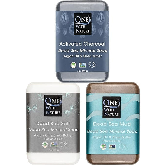 One With Nature Dead Sea Soap 7oz Variety 3Pk-Dead Sea Mud, Activated Charcoal, and Dead Sea Salt-Detoxifying and Exfoliating Soap Bars with Dead Sea Salt for Face & Body, for Men & Women-GlimoraGlow