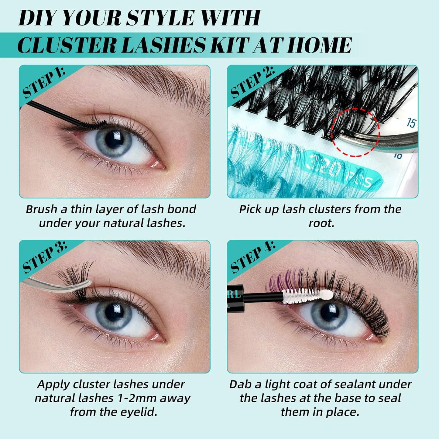 Lash Extension Kit 320Pcs,DIY Individual Lashes Clusters Kit,Lash Bond And Seal,Lash Remover For Colorful Eyelashes Extensions,Lash Applicator Tools For False Eyelash Cluster Kit(40D,D-Mix9-16mm Kit)-GlimoraGlow